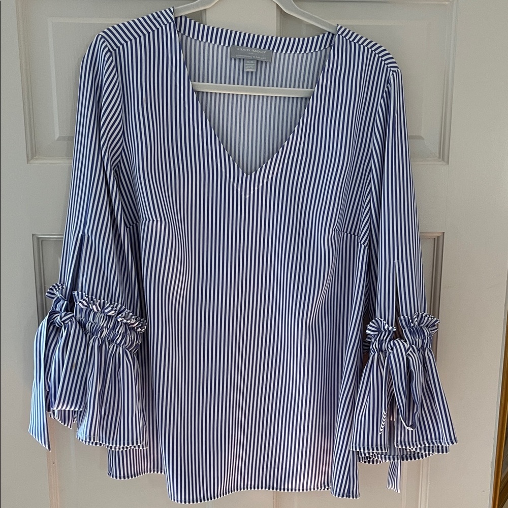 Hilary Radley Blue and White Striped V-Neck Blouse